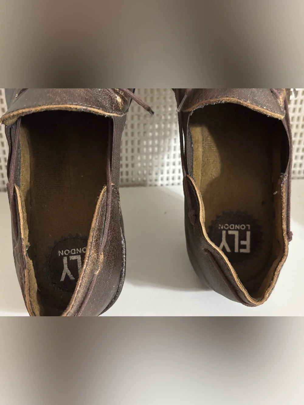 Women’s Fly London Brown Distressed Leather Wedge Slip-On Shoes